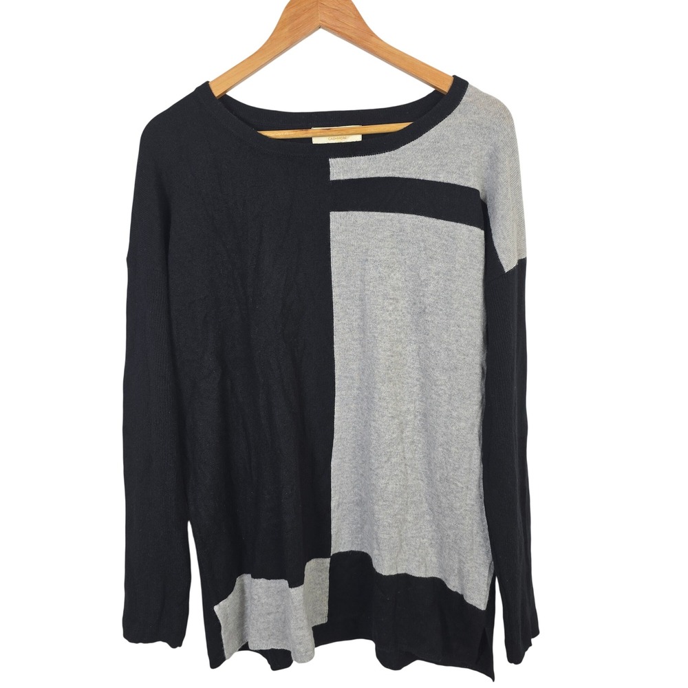 Peck & Peck Cashmere Sweater Womens XL Black Gray Colorblock 2-Ply Crew Neck